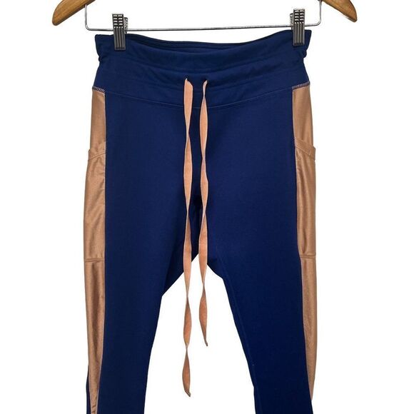 Fabletics Powerhold Define Mid Rise Jogger Style Gold Stripe Blue Leggings - Picture 4 of 10